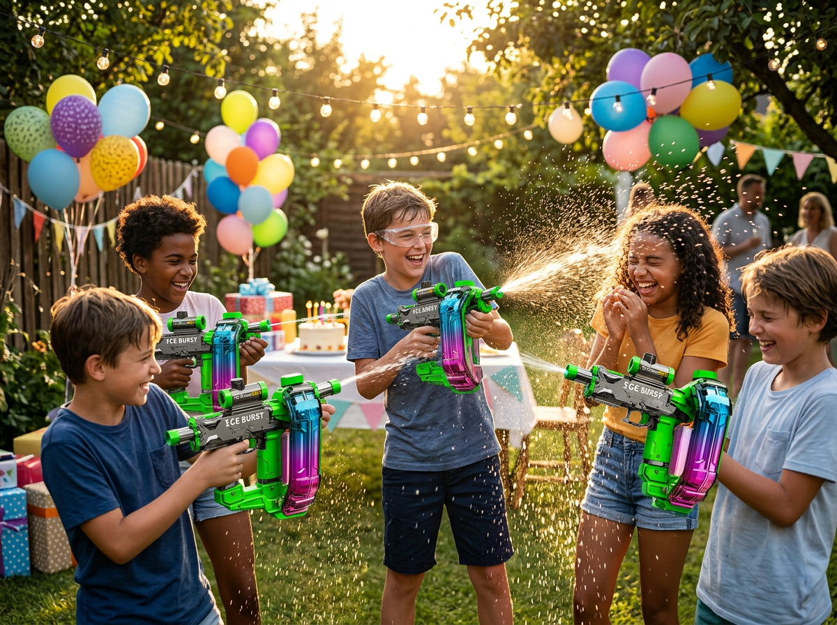 Kids enjoying birthday & summer events with a water blaster